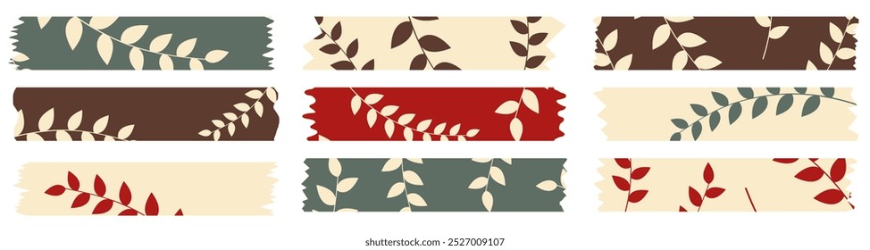 Conjunto de fitas washi coloridas com padrão de folhas pretas isoladas em branco. Coleção de fitas Washi em vetor. Pedaços de fita decorativa para álbuns. Papel rasgado