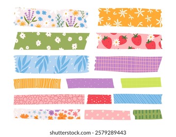 Set of colorful washi tapes, cartoon flat vector illustration isolated on white background. Cute adhesive tape for planner, journaling and scrapbook. Spring and summer themed flowers and strawberry.