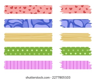 Set of colorful washi tapes. Washi tapes collection with pattern in vector. Pieces of decorative tape for scrapbooks.