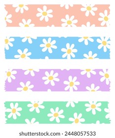Set of colorful washi tapes with flowers isolated on white. Washi tapes collection in vector. Pieces of decorative tape for scrapbooks. Torn paper. Pattern with daisies