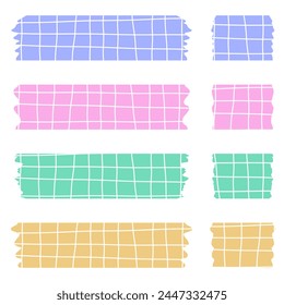 Set of colorful washi tapes isolated on white. Washi tapes collection in vector. Pieces of decorative tape for scrapbooks. Torn paper. Pattern with lines and cells