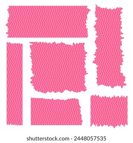 Set of colorful washi tapes isolated on white. Washi tapes collection in vector. Pieces of decorative tape for scrapbooks. Torn paper. Pattern with zig zag lines. Pink