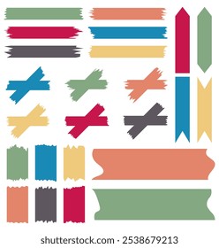 Set of colorful washi tapes isolated on white. Tapes collection in vector. Pieces of decorative tape for scrapbooks. Torn paper. Blue, green, yellow, red, gray, orange