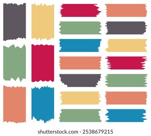 Set of colorful washi tapes isolated on white. Tapes collection in vector. Pieces of decorative tape for scrapbooks. Torn paper. Blue, green, yellow, red, gray, orange