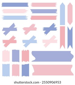 Set of colorful washi tapes isolated on white. Tapes collection in vector. Pieces of decorative tape for scrapbooks. Torn paper. Blue and pink	