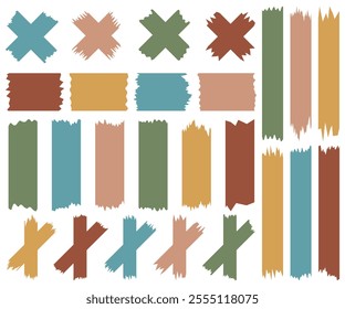 Set of colorful washi tapes isolated on white. Tapes collection in vector. Pieces of decorative tape for scrapbooks. Torn paper. Blue, green, yellow, brown