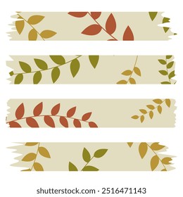 Set of colorful washi tapes with leaves pattern isolated on white. Washi tape collection in vector. Pieces of decorative tape for albums. Torn paper