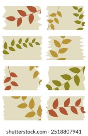 Conjunto de fitas washi coloridas com padrão de folhas isolado no branco. Coleção de fitas Washi em vetor. Pedaços de fita decorativa para álbuns. Papel rasgado