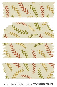 Set of colorful washi tapes with leaves pattern isolated on white. Washi tape collection in vector. Pieces of decorative tape for albums. Torn paper