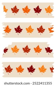 Set of colorful washi tapes with leaves pattern isolated on white. Tapes collection in vector. Pieces of decorative tape for albums. Beige and orange torn paper