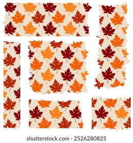 Set of colorful washi tapes with leaves pattern isolated on white. Tapes collection in vector. Pieces of decorative tape for albums. Beige and orange torn paper