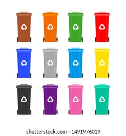 Set of colorful waste sorting containers with recycle signs. Collection of cans isolated on white background. Flat vector illustration.