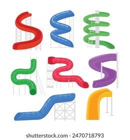 Set of colorful water slide set collection, Slides of different shape at aquapark, waterslide cartoon, spiral pipe waterpark construction, splashpark twist tunnel for riding tube, screw piping family.