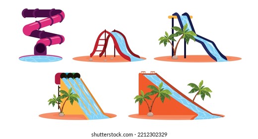 Set of colorful water slides in cartoon style. Vector illustration of attractions for the water park of different shapes and heights on white background.