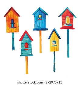 Set of colorful watercolor birdhouses. Isolated. Hand drawn illustration of nest house .