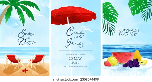 Coloridas tarjetas acuáticas. Vistas al mar, cielo, olas, paraguas, frutas, palmeras, hojas verdes. Fondo romántico con lugar para el texto. Vacaciones de verano, bodas, menú, concepto de club de playa.