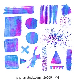 Set of colorful watercolor design elements. Abstract vector illustration. White background with watercolor stains. Editable template. Isolated. Geometric shape. Triangle, square, circle, cross.