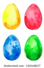 Set of colorful watercolor easter eggs on white background. Vector illustration. Spring holiday card. Perfect for greeting card, invitation, postcard, print.