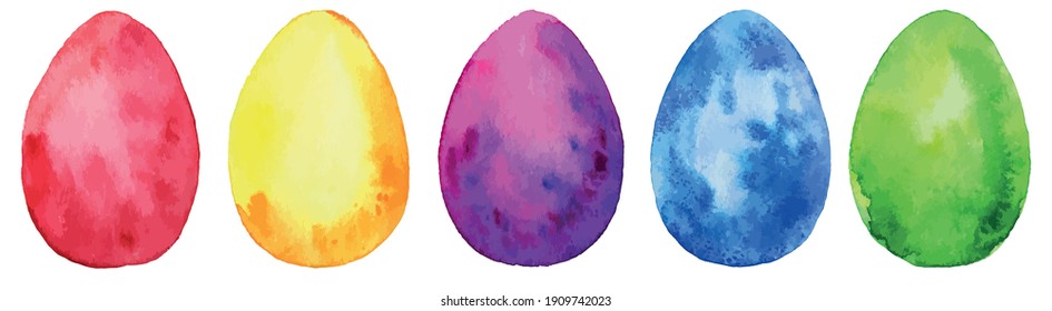 Set of colorful watercolor easter eggs on white background. Vector illustration. Spring holiday card. Perfect for greeting card, invitation, postcard, print.