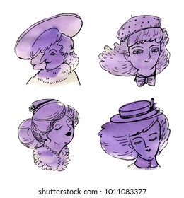 Set of colorful watercolor emoticons faces. Collection of woman watercolor violet faces. Vector illustration of doodles.