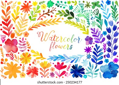 Set of colorful watercolor flowers. Vector illustration frame, vector set of red autumn watercolor leaves and berries, hand drawn design elements