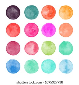 Set of colorful watercolor hand painted round shapes, stains, circles, blobs isolated on white. Illustration for artistic design.