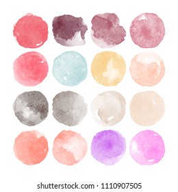 Set of colorful watercolor hand painted round shapes, stains, circles, blobs isolated on white. Illustration for artistic design