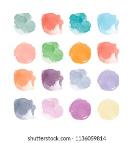 Set of colorful watercolor hand painted round shapes, stains, circles, blobs isolated on white. Illustration for artistic design