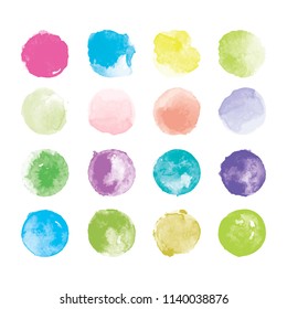 Set of colorful watercolor hand painted round shapes, stains, circles, blobs isolated on white. Illustration for artistic design