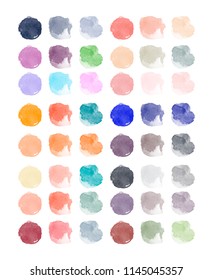 Set of colorful watercolor hand painted round shapes, stains, circles, blobs isolated on white. Illustration for artistic design