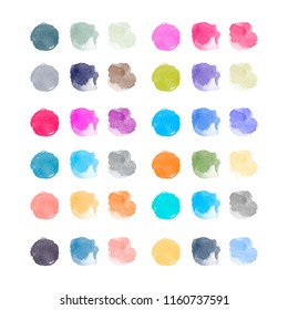 Set of colorful watercolor hand painted round shapes, stains, circles, blobs isolated on white. Illustration for artistic design