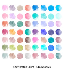Set of colorful watercolor hand painted round shapes, stains, circles, blobs isolated on white. Illustration for artistic design