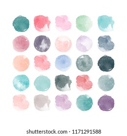 Set of colorful watercolor hand painted round shapes, stains, circles, blobs isolated on white. Illustration for artistic design