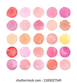 Set of colorful watercolor hand painted round shapes, stains, circles, blobs isolated on white. Illustration for artistic design