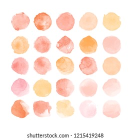 Set of colorful watercolor hand painted round shapes, stains, circles, blobs isolated on white. Illustration for artistic design