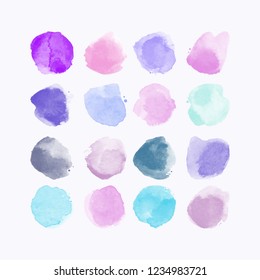 Set of colorful watercolor hand painted round shapes, stains, circles, blobs isolated on white. Illustration for artistic design