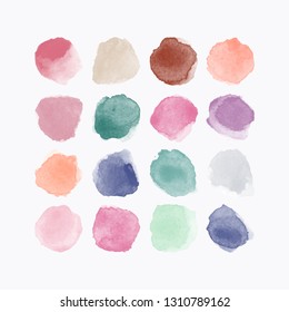 Set of colorful watercolor hand painted round shapes, stains, circles, blobs isolated on white. Illustration for artistic design