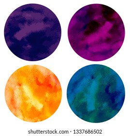 Set of colorful watercolor hand painted round shapes, stains, circles isolated on white. Illustration for artistic design. Vector illustration.