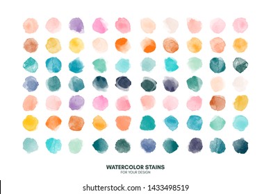 Set of colorful watercolor hand painted round shapes, stains, circles, blobs isolated on white. Illustration for artistic design