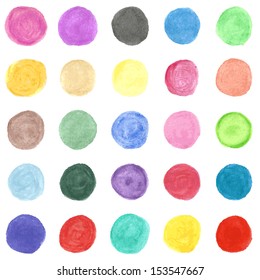 Set of colorful watercolor hand painted circle isolated on white. Vector illustration for your artistic design. Round stains, blobs of red, green, yellow, pink.