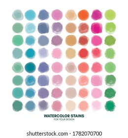 Set of colorful watercolor hand painted round shapes, stains, circles, blobs isolated on white. Illustration for artistic design