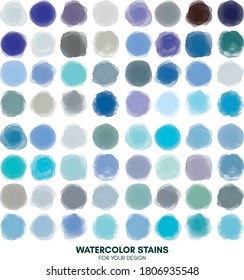 Set of colorful watercolor hand painted round shapes, stains, circles, blobs isolated on white. Illustration for artistic design