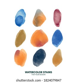 Set of colorful watercolor hand painted round shapes, stains, circles, blobs isolated on white. Illustration for artistic design