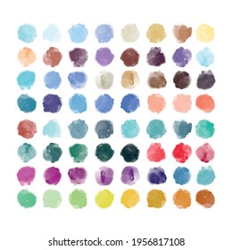 Set of colorful watercolor hand painted round shapes, stains, circles, blobs isolated on white. Illustration for artistic design