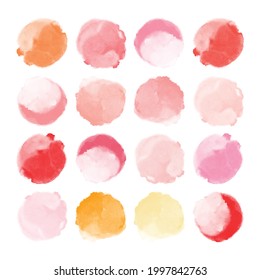 Set of colorful watercolor hand painted round shapes, stains, circles, blobs isolated on white. Illustration for artistic design