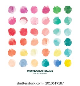 Set of colorful watercolor hand painted round shapes, stains, circles, blobs isolated on white. Illustration for artistic design