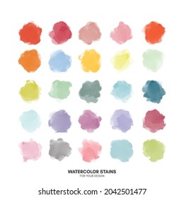 Set of colorful watercolor hand painted round shapes, stains, circles, blobs isolated on white. Illustration for artistic design