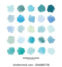 Set of colorful watercolor hand painted round shapes, stains, circles, blobs isolated on white. Illustration for artistic design