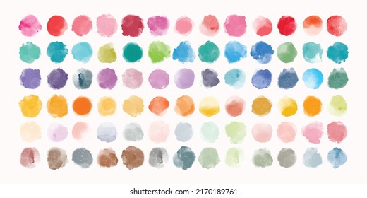 Set of colorful watercolor hand painted round shapes, stains, circles, blobs isolated on white. Illustration for artistic design