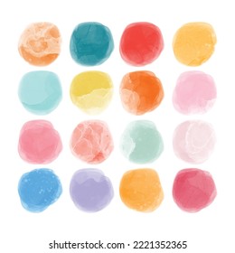 Set of colorful watercolor hand painted round shapes, stains, circles, blobs isolated on white. Illustration for artistic design